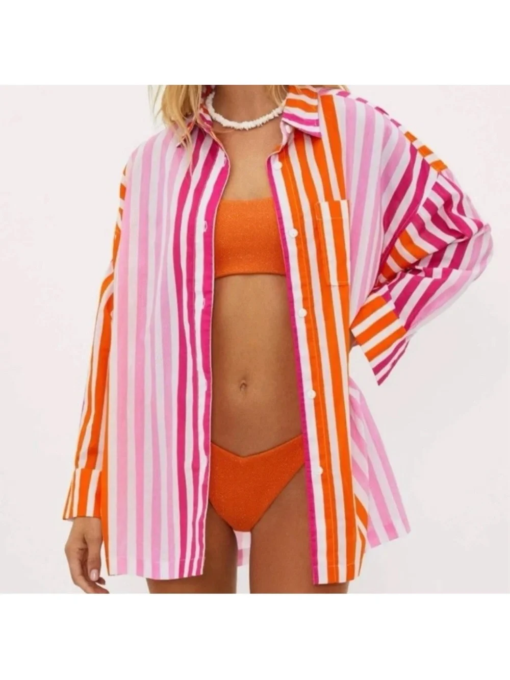 Beach Riot Alexa Coverup Button Down 100% Cotton Stripes Pink Orange Beach Swim